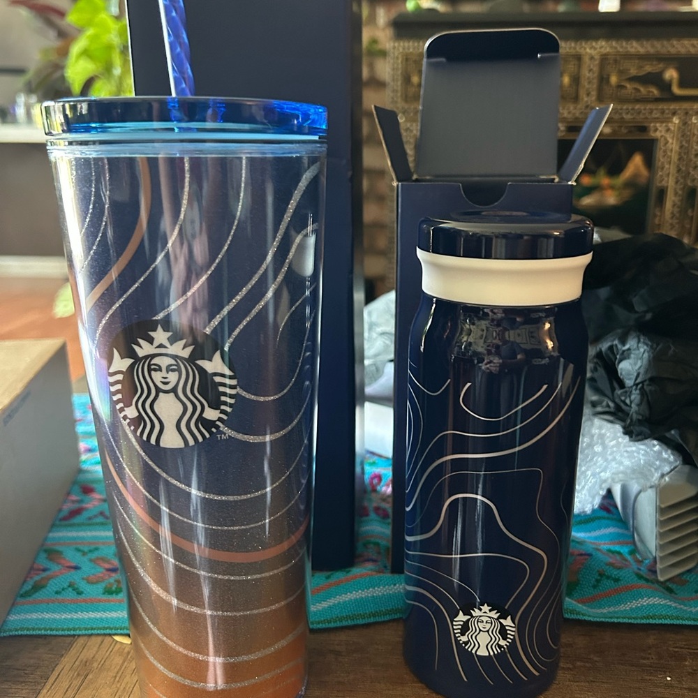 Starbucks Navy/Gold stainless steel coffee cup and 1-Starbucks cold cup